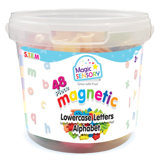 Bucket of 48-piece magnetic lowercase alphabet letters in assorted colours