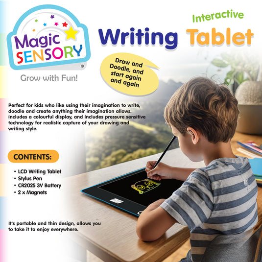 Blue LCD writing tablet with black stylus pen and a rainbow-coloured space drawing on the display