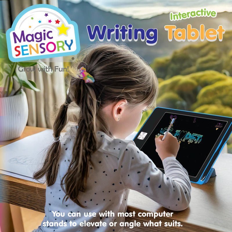 Load image into Gallery viewer, Boy using the LCD writing tablet stylus to draw at a table, contents list showing tablet, stylus, battery and magnets
