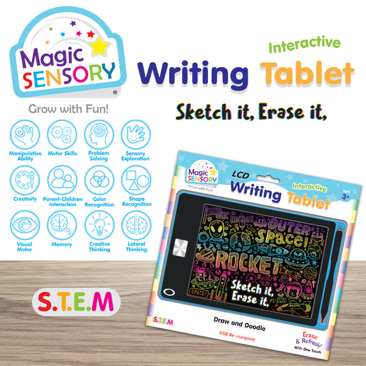 Girl drawing a colourful pet doodle on the propped-up LCD writing tablet using the stylus