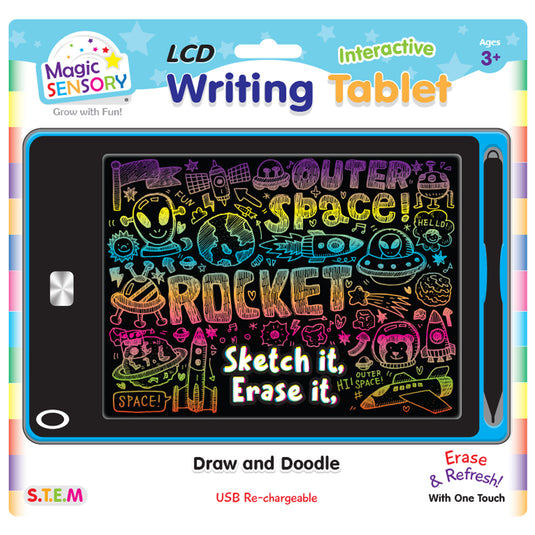 Front view of the LCD writing tablet packaging showing the colourful space doodle design and stylus