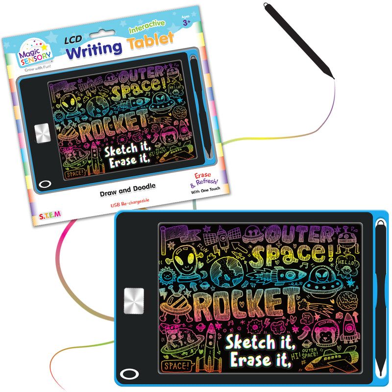 Load image into Gallery viewer, 8.5 inch LCD writing tablet packaging with stylus, showing a colourful space-themed doodle on screen
