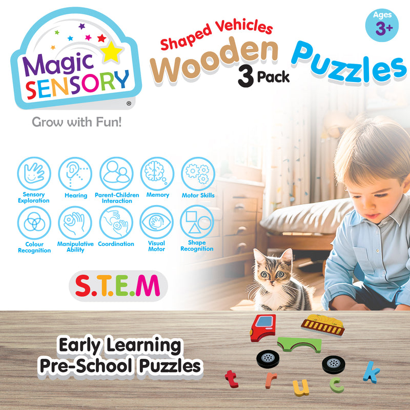 Load image into Gallery viewer, Shaped Vehicles Wooden Puzzles Triple Pack
