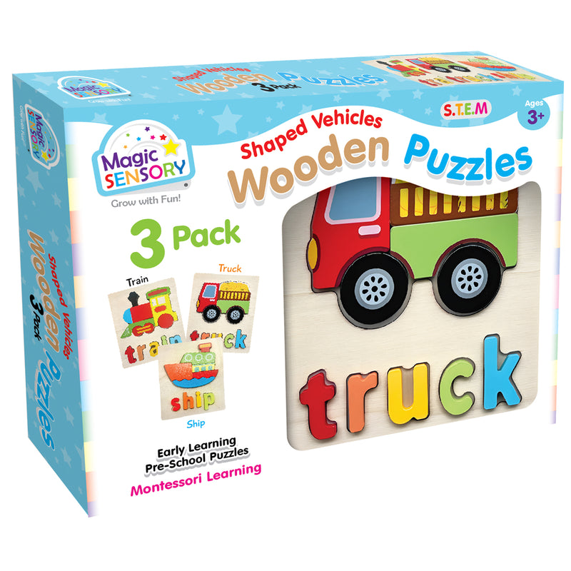 Load image into Gallery viewer, Shaped Vehicles Wooden Puzzles Triple Pack
