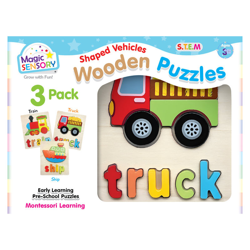 Load image into Gallery viewer, Shaped Vehicles Wooden Puzzles Triple Pack
