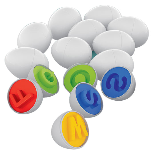 Alphabet Eggs set showing white eggs opened to reveal colourful letter interiors in red, green, blue and yellow