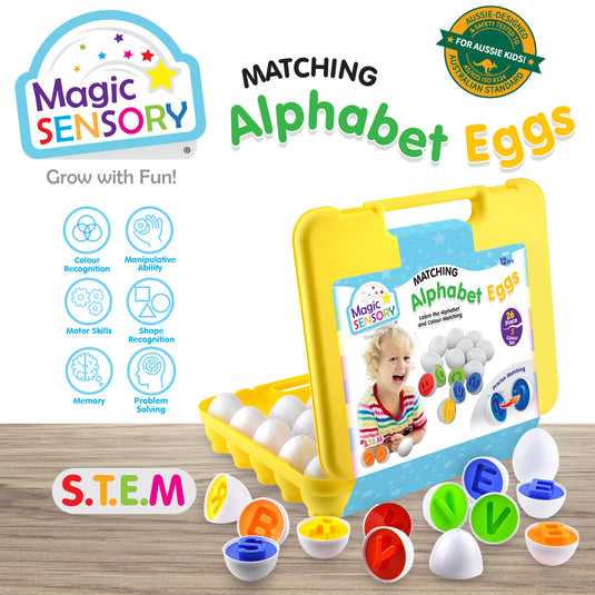 Magic Sensory Alphabet Eggs packaging shown with yellow carrying case and S.T.E.M. skill icons