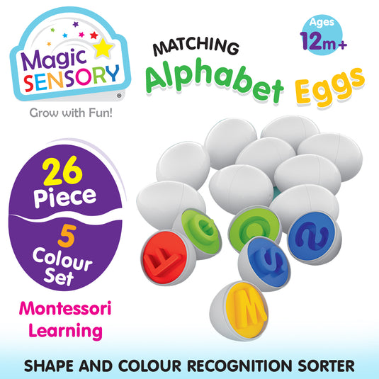 Close-up of 26 Alphabet Eggs piece set in five colours