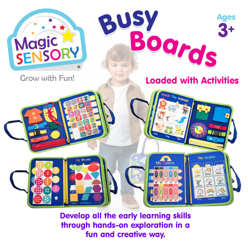 Load image into Gallery viewer, Four opened Busy Boards displayed together showing the range of activities included
