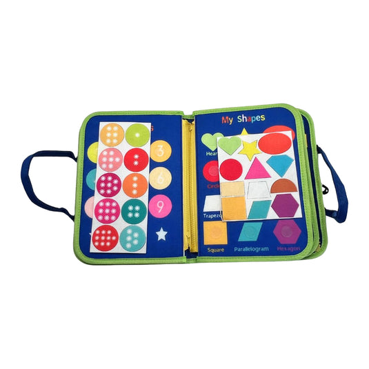 Busy Board open showing number and shape matching pages with colourful felt pieces