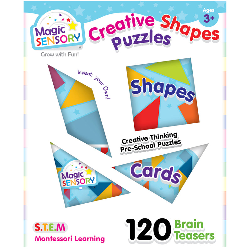 Load image into Gallery viewer, Front cover of Creative Shapes Puzzle box showing shapes, cards and 120 brain teasers
