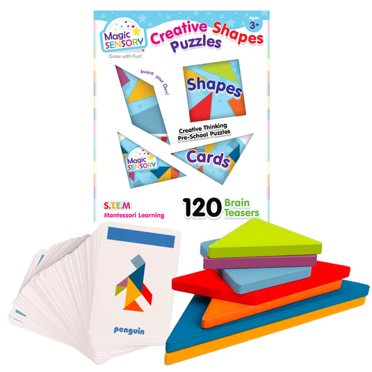 Creative Shapes Puzzle blue tin box with wooden shapes, pattern cards and tangram pieces