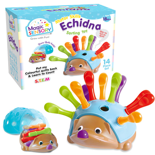 Toddler playing with Echidna Sorting Toy quills scattered beside the storage shell