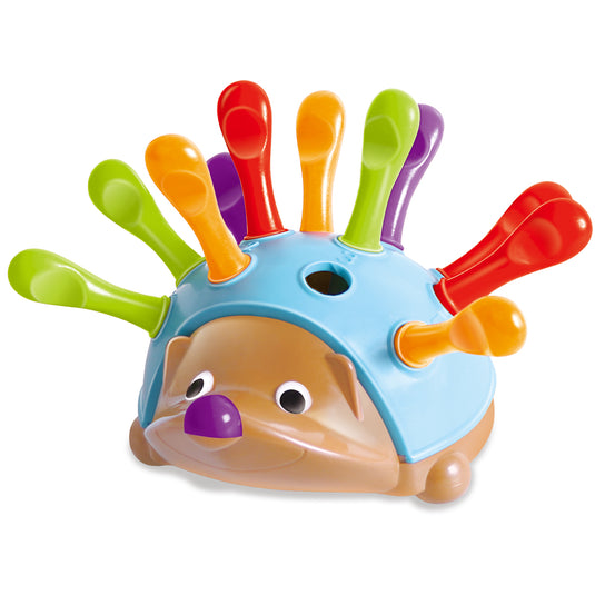 Colourful echidna sorting toy with 12 chunky quills in red, orange, green and purple