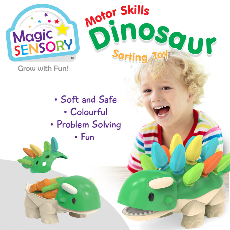 Load image into Gallery viewer, Dinosaur toy shown alongside Magic Sensory Motor Skills Dinosaur branding and a smiling child
