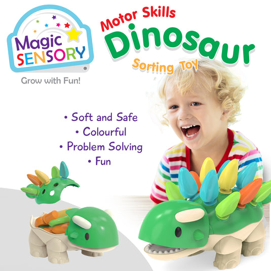 Dinosaur toy shown alongside Magic Sensory Motor Skills Dinosaur branding and a smiling child