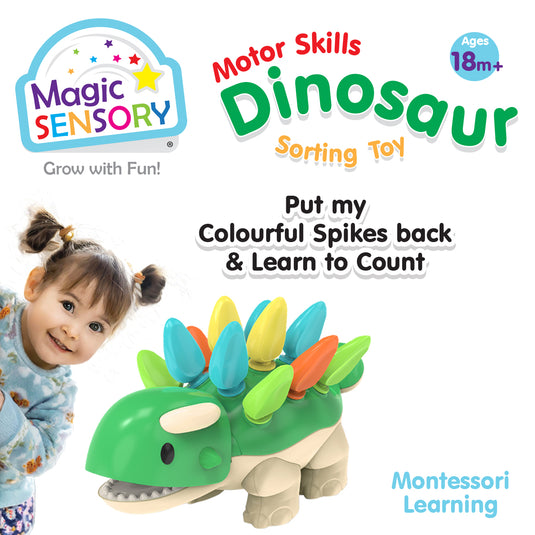Little girl beside the dinosaur toy with text about putting spikes back and learning to count