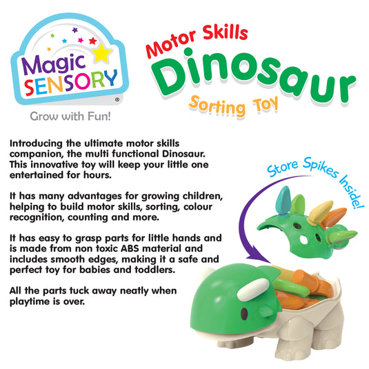 Dinosaur toy shown open with spikes stored inside its back compartment and feature text