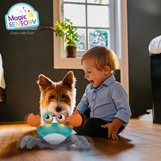 Crawling crab toy glowing with LED lights beside a toddler and a small dog on a wooden floor