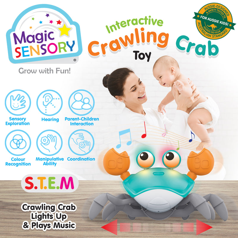Load image into Gallery viewer, Infographic showing the crawling crab's sensory exploration, hearing and coordination features with a mum holding her baby
