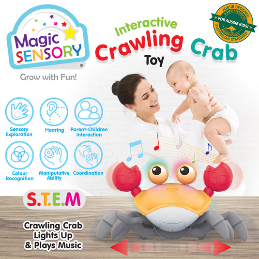 Crawling Crab Toy infographic showing sensory exploration, hearing, coordination and S.T.E.M. play features