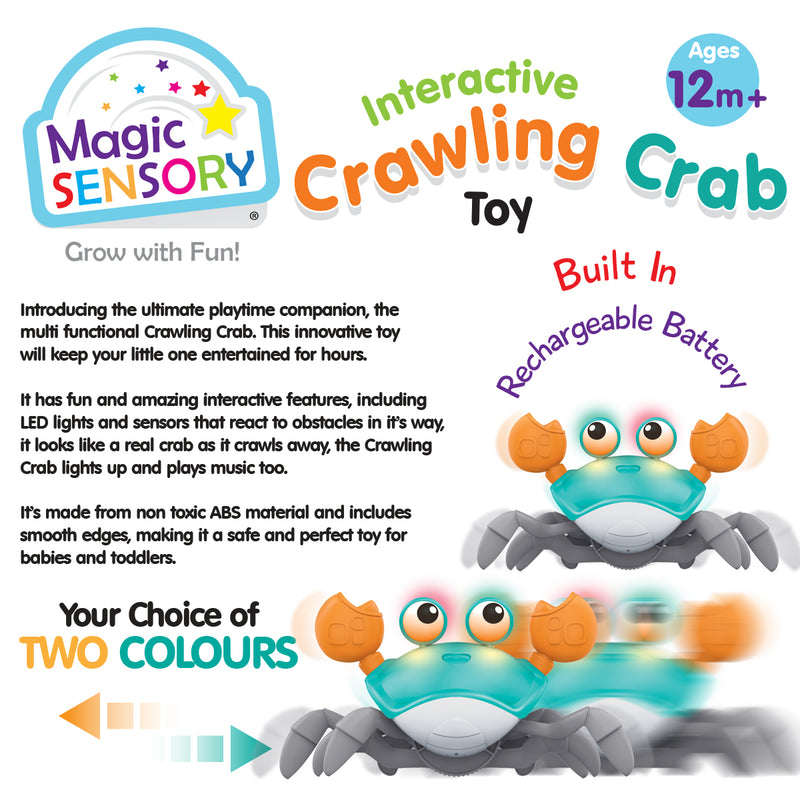 Load image into Gallery viewer, Infographic showing the crawling crab toy's rechargeable battery and two colour options

