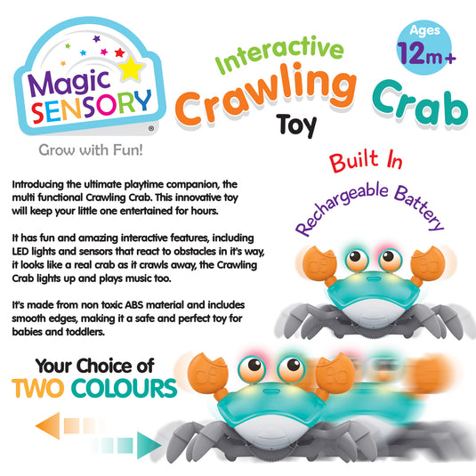 Infographic showing the crawling crab toy's rechargeable battery and two colour options