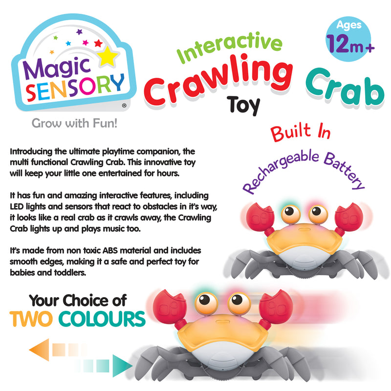 Load image into Gallery viewer, Crawling Crab Toy product information panel showing rechargeable battery and two colour options
