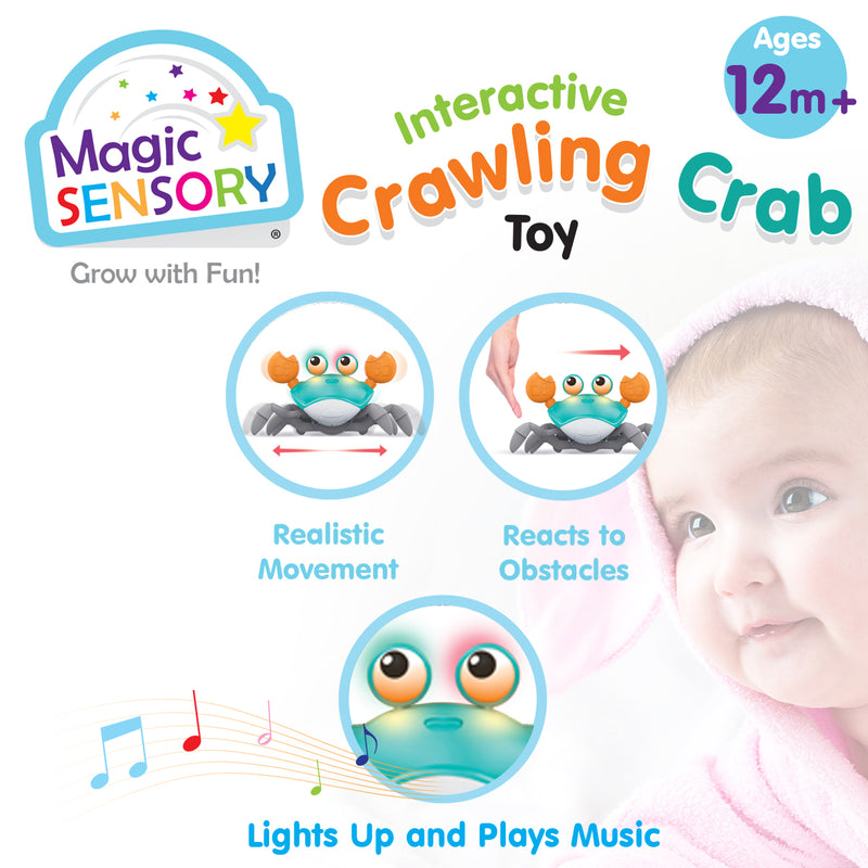 Load image into Gallery viewer, Infographic showing the crawling crab toy's realistic movement, obstacle sensing and light-up music features beside a baby
