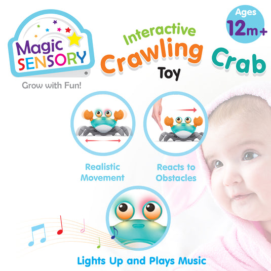 Infographic showing the crawling crab toy's realistic movement, obstacle sensing and light-up music features beside a baby