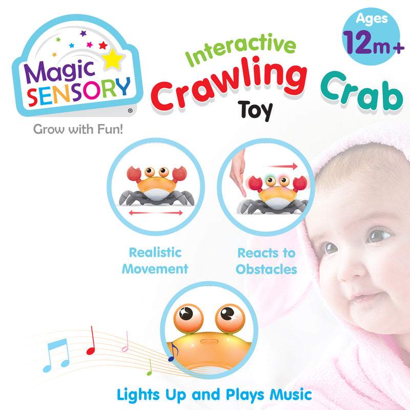 Load image into Gallery viewer, Crawling Crab Toy infographic showing realistic movement, obstacle sensing and light-up music features
