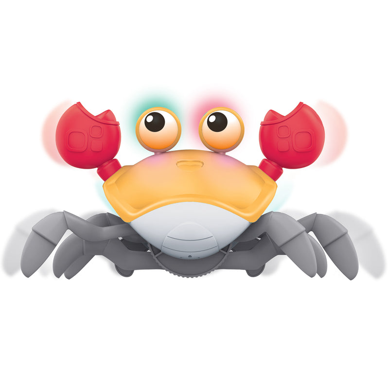 Load image into Gallery viewer, Orange and grey interactive crab crawler toy with red claws and light-up eyes
