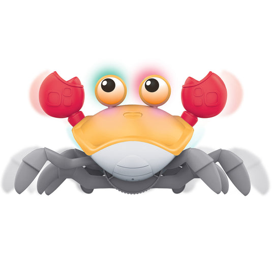Orange and grey interactive crab crawler toy with red claws and light-up eyes