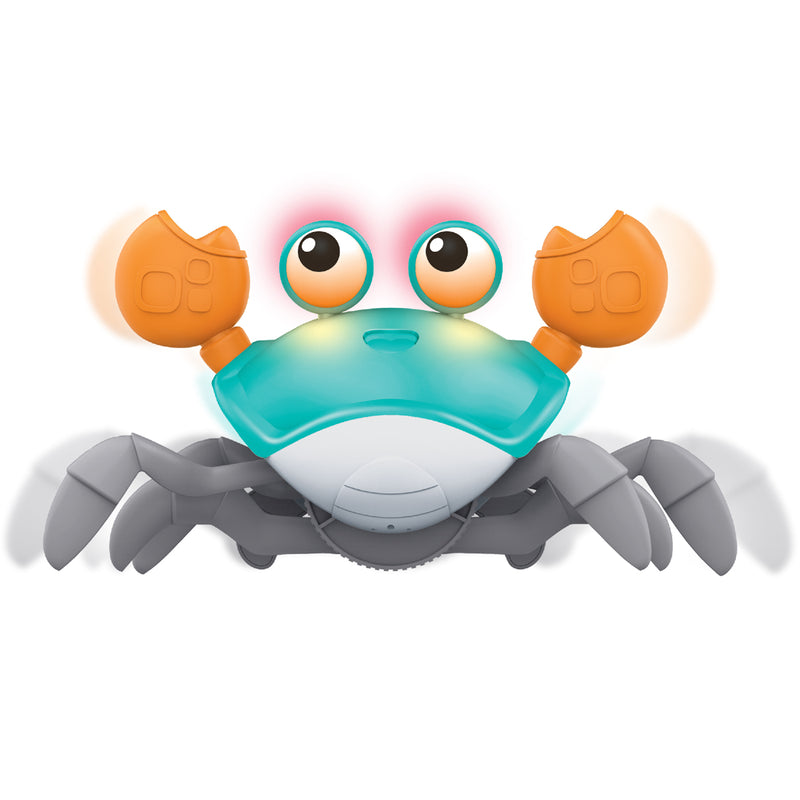 Load image into Gallery viewer, Teal and orange crawling crab toy with LED eyes and grey legs on a white background
