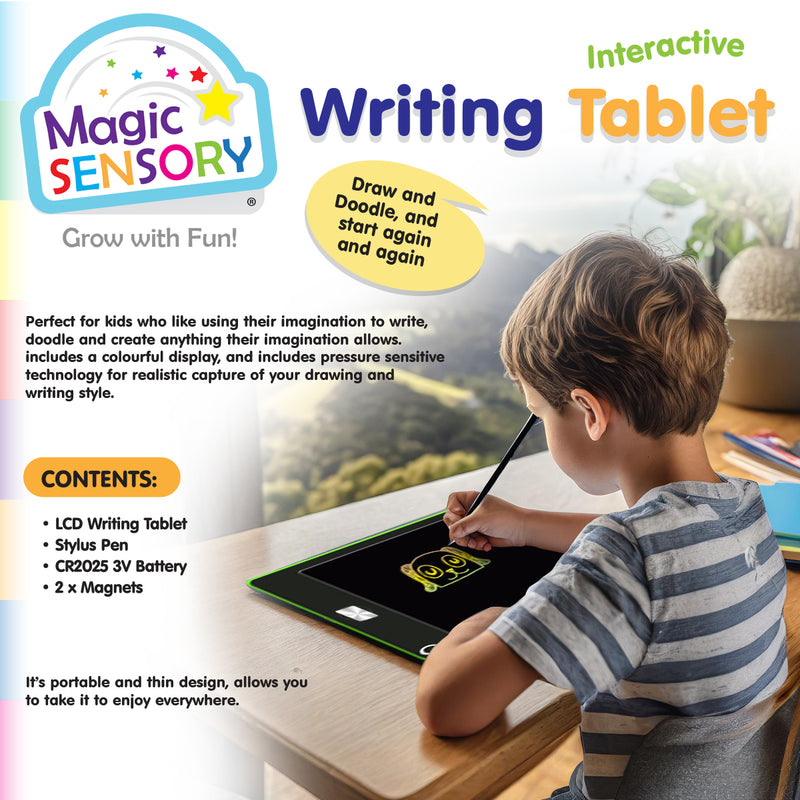 Load image into Gallery viewer, LCD writing tablet contents including stylus pen, battery and magnets, boy drawing at a table
