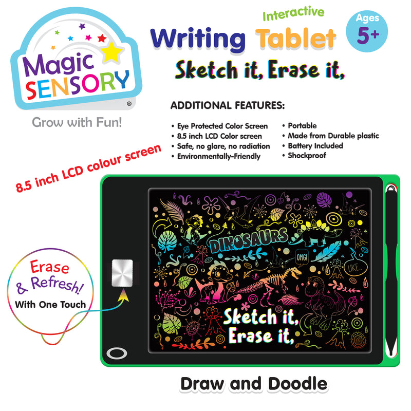 Load image into Gallery viewer, LCD writing tablet screen glowing with colourful dinosaur doodle art and sketch it erase it text
