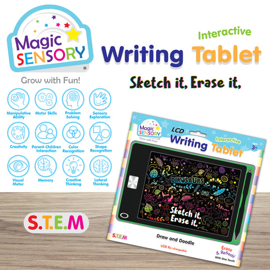Magic Sensory LCD writing tablet packaging showing skill icons like creativity and problem solving