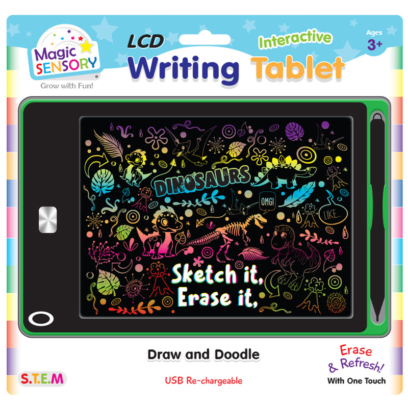 Load image into Gallery viewer, Front view of LCD writing tablet packaging showing colourful dinosaur drawing and features
