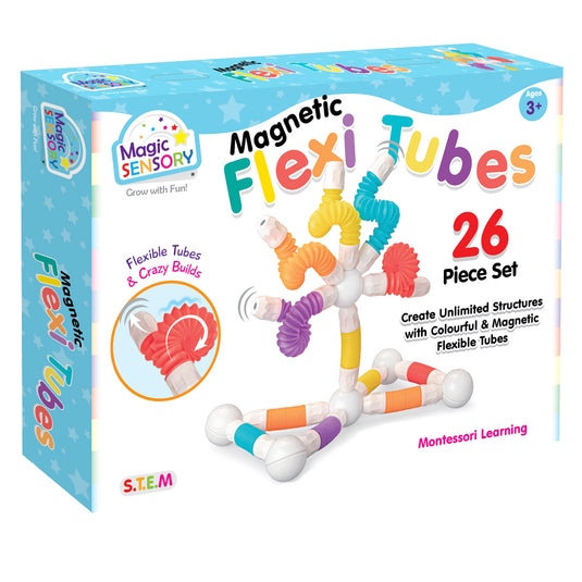 Magnetic Flexi Tubes 26 Piece Set box front, showing the colourful bendy tube creation