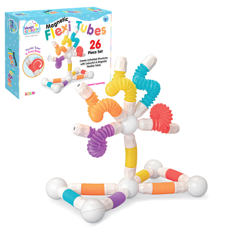 Load image into Gallery viewer, Magnetic Flexi Tubes 26 Piece Set box with a colourful tube sculpture built beside it
