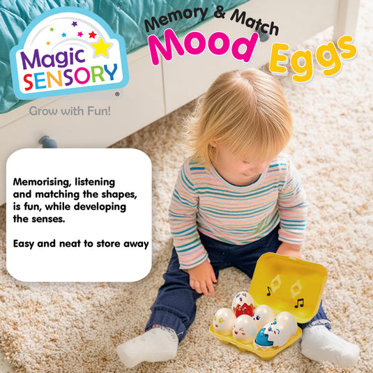 Child sitting on carpet playing with Mood Eggs, Magic Sensory Memory & Match Mood Eggs branding