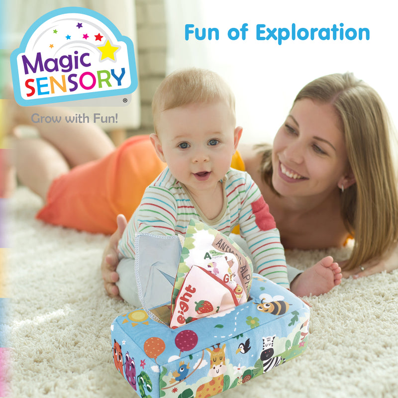 Load image into Gallery viewer, A baby reaching for the Sensory Tissue Box while an adult looks on, enjoying play together on the floor
