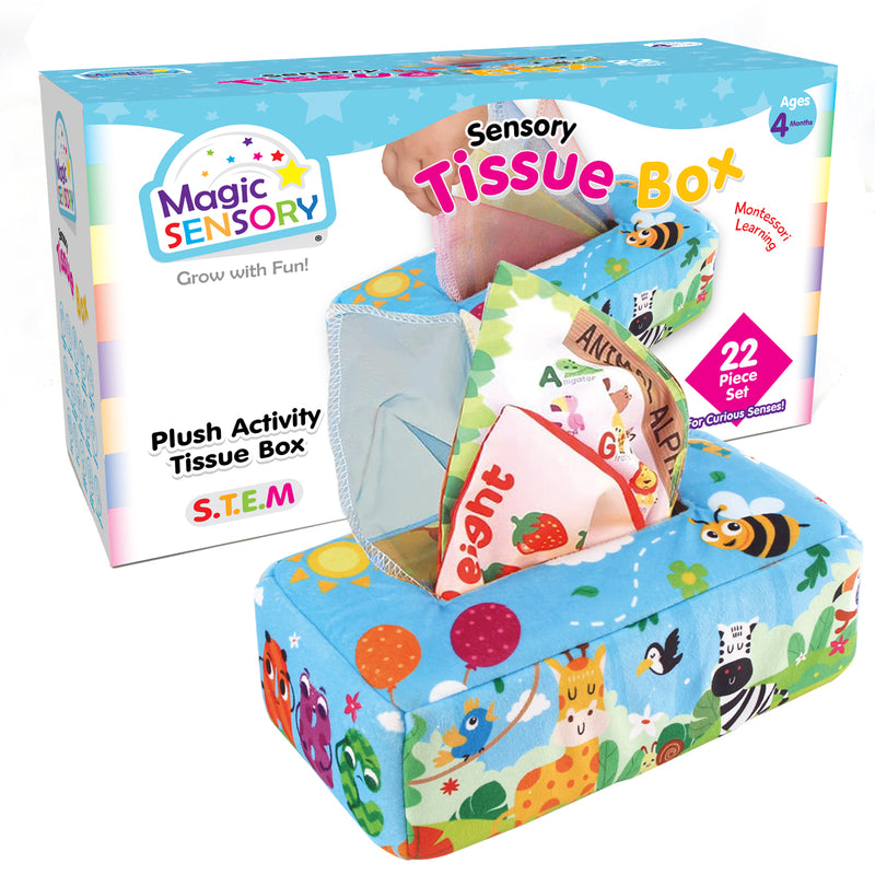 Load image into Gallery viewer, Sensory Tissue Box shown alongside its retail packaging box with a 22 piece set callout
