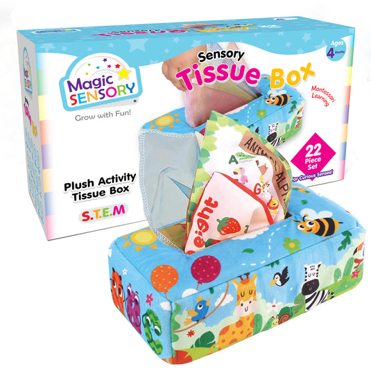 Sensory Tissue Box shown alongside its retail packaging box with a 22 piece set callout