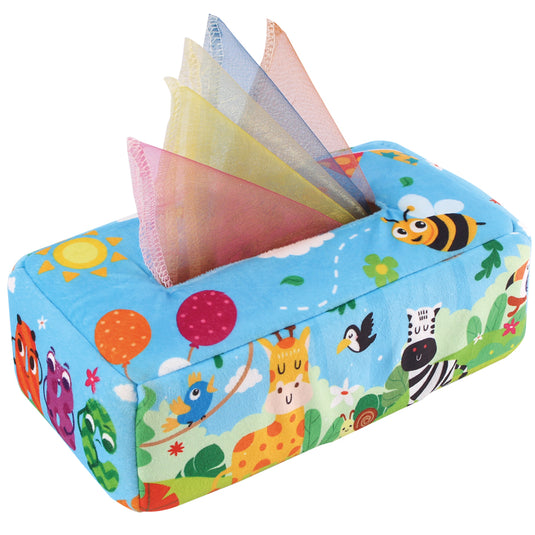 Plush tissue box toy with colourful scarves peeking out, featuring a jungle animal print design