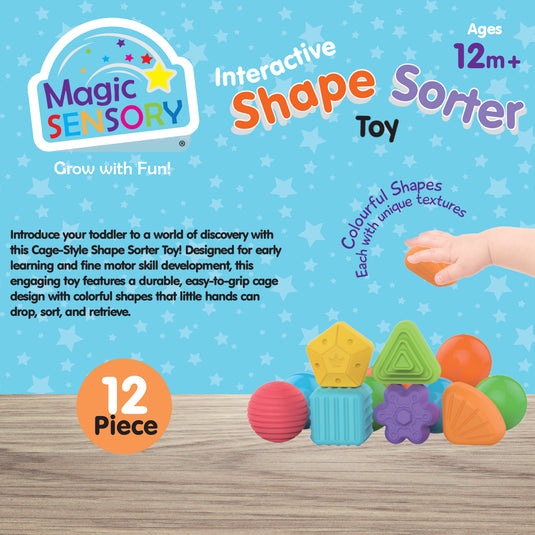 Shape Sorting Bin shown with its 12 colourful textured pieces on a wooden surface