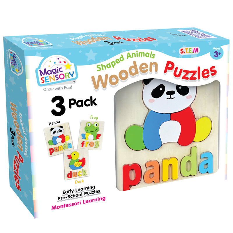 Load image into Gallery viewer, 3D box view of the Shaped Animals Wooden Puzzles 3-Pack with panda, duck and frog puzzles pictured
