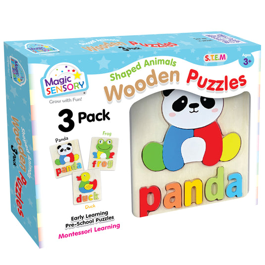 3D box view of the Shaped Animals Wooden Puzzles 3-Pack with panda, duck and frog puzzles pictured