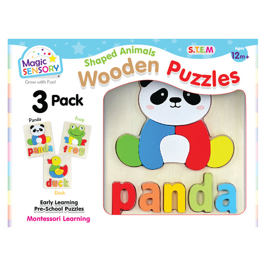 Box front of Magic Sensory Shaped Animals Wooden Puzzles 3-Pack showing panda puzzle with letters