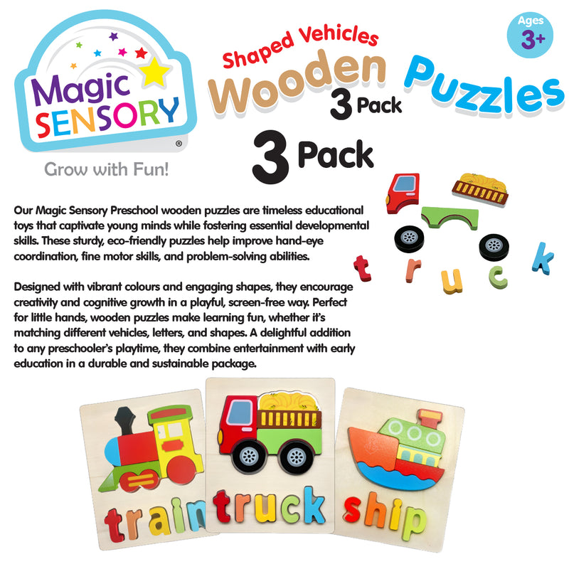 Load image into Gallery viewer, Close-up of truck, train and ship wooden puzzles with matching letter pieces laid out
